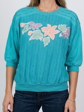 Vintage Be Back Turquoise Floral Embroidery Knit Sweater - Women